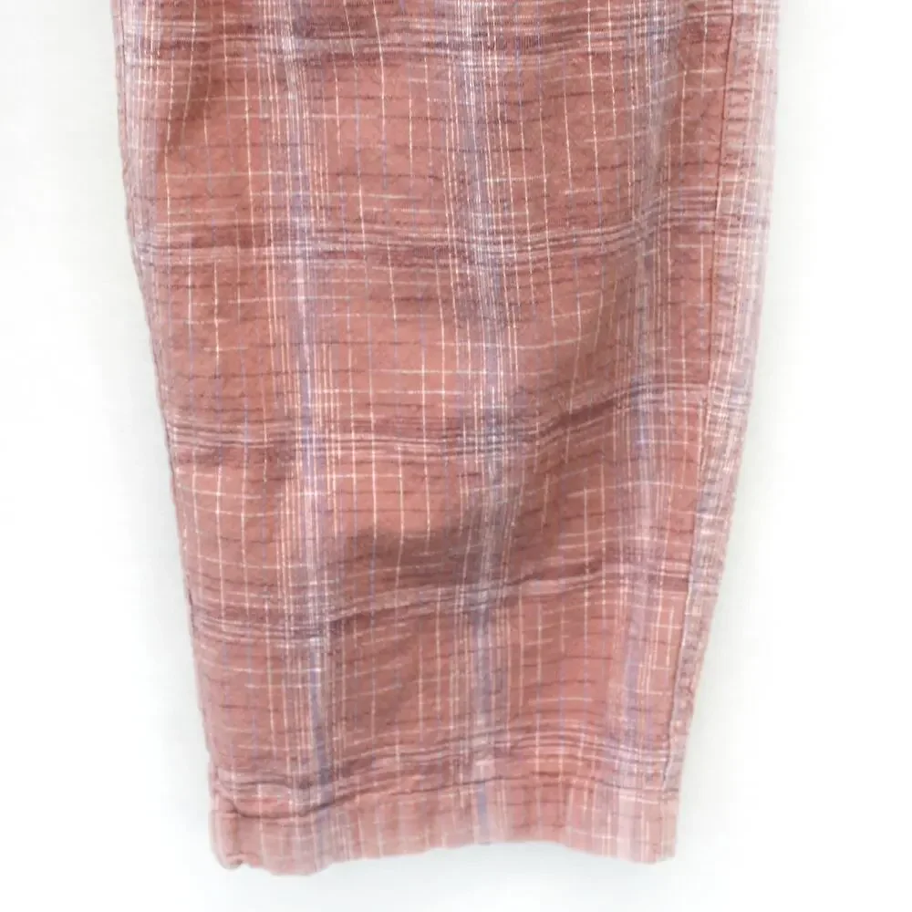 Wildfang Dusty Pink Mauve Plaid Cotton Linen Elastic Waist Straight Leg Pants L